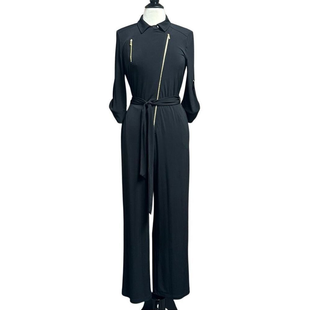 Calvin Klein Women’s Black Gold Zipper Quarter Sleeve Jumpsuit Sz 8 NEW